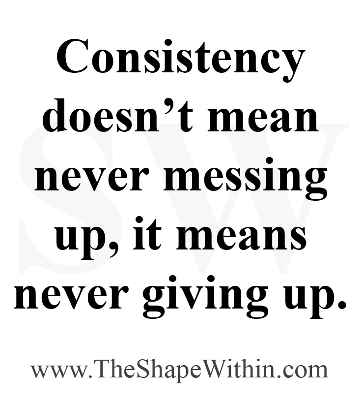 A motivational quote that says. "Consistency doesn't mean never messing up, it means never giving up"