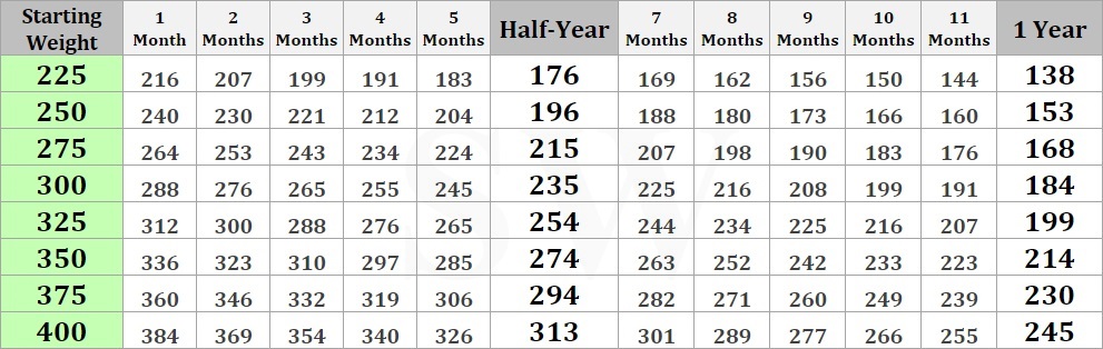 A 12-month chart that shows you how to lose 100 pounds in a year, by displaying the expected monthly weight of a person (considering multiple starting weights), if they lost 4 percent of their weight each month.