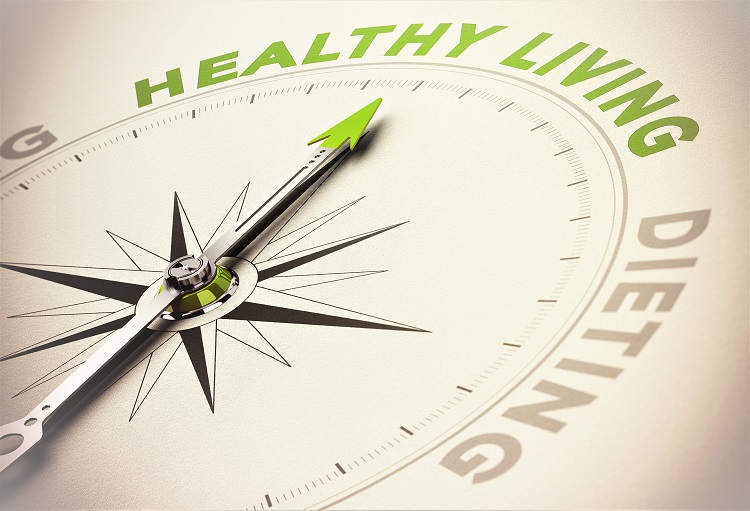 Needle pointing to "Healthy Living", rather than dieting. Developing a lifestyle mentality is important to stay on track long enough to lose 100 pounds.