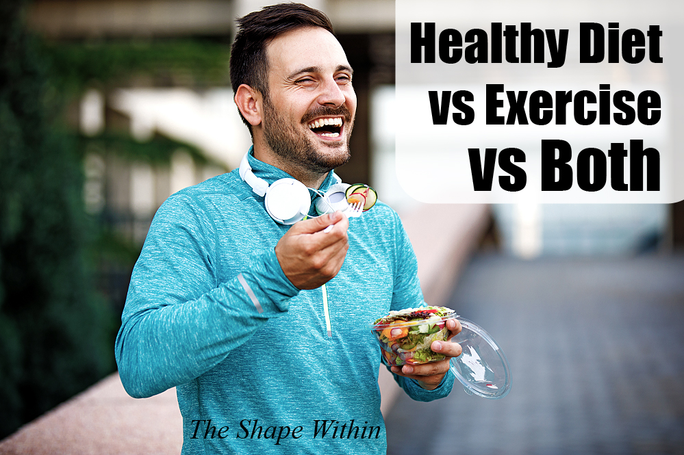 Diet vs exercise for weight loss- An evaluation of the effectiveness of each alone both combined - A happy man stopping to eat salad during his jog