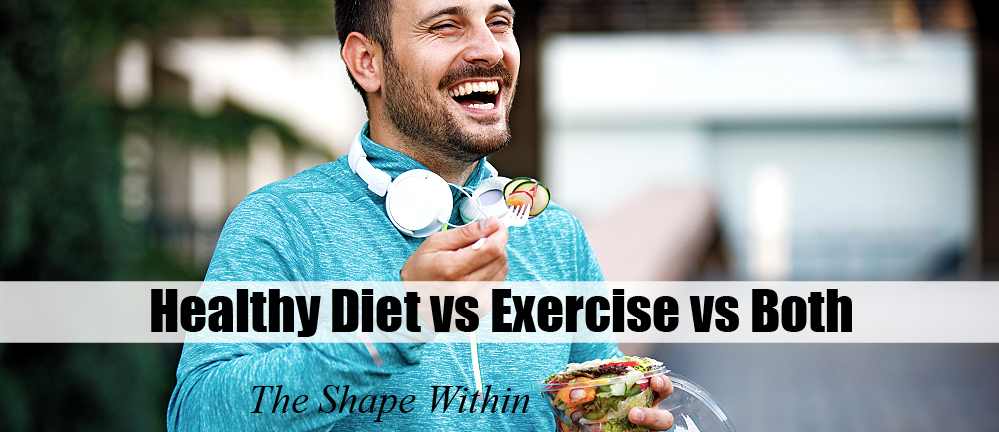 A healthy and smiling man eating healthy food while he takes a break from exercise- Considering healthy diet vs exercise for fat loss, which is more important, and why doing both is best