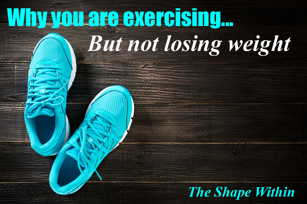 Light blue shoes on a dark wooden background- Discover why you are exercising but not losing weight, and find out how to finally see exciting changes from your efforts