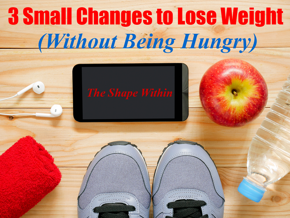 Running shoes, a water bottle, and an apple sitting on a wooden table with a ear buds and a towel- 3 Small changes to lose weight without being hungry