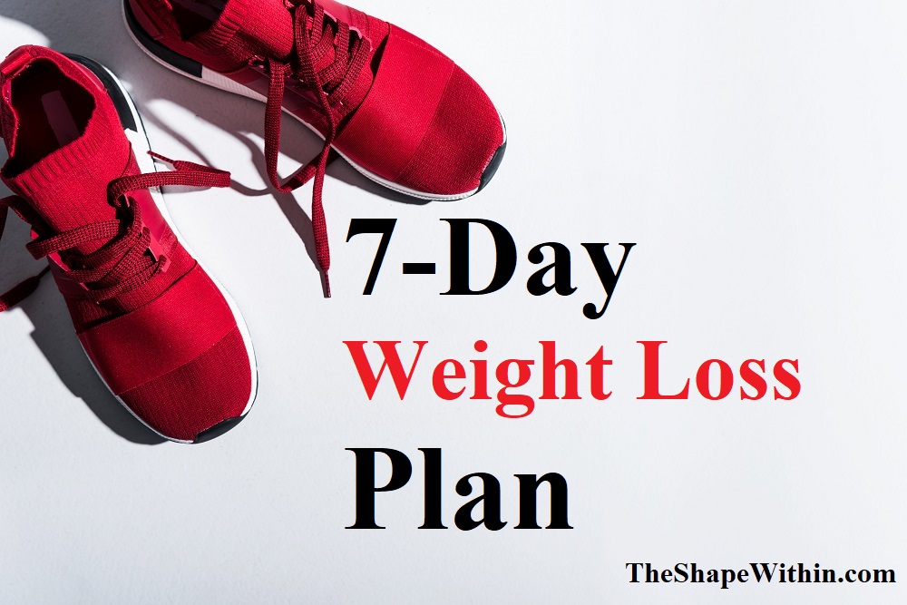 Red shoes on a grey background, with red and black text that says "7-Day Weight Loss Plan"