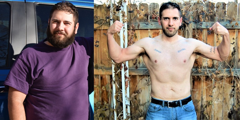 A weight loss transformation photo of Corey Bustos showing 80 pounds lost