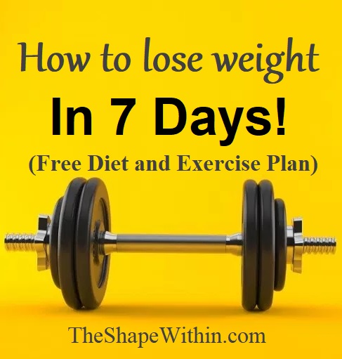 An image with a yellow background and black weights that says "How to lose weight in 7 days (Free diet and exercise plan)