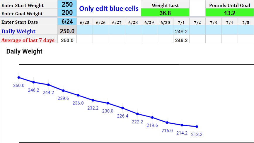 Daily Weight loss tracker with one day per week filled in