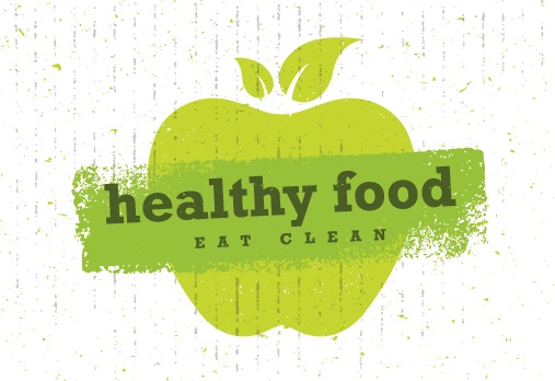 A graphic of a green apple that says "Healthy Food, Eat Clean"