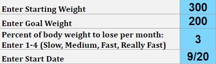 Setting for start weight, goal weight, speed, and start date